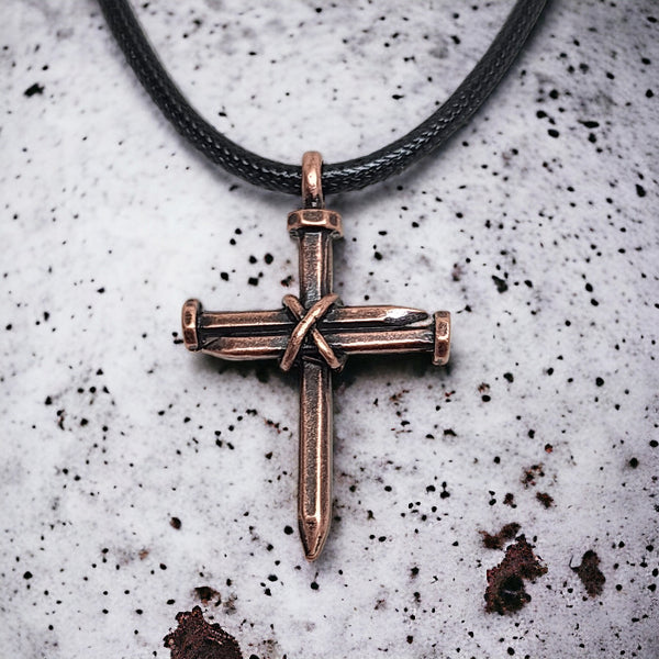 Antique Nail Cross Necklace In Copper