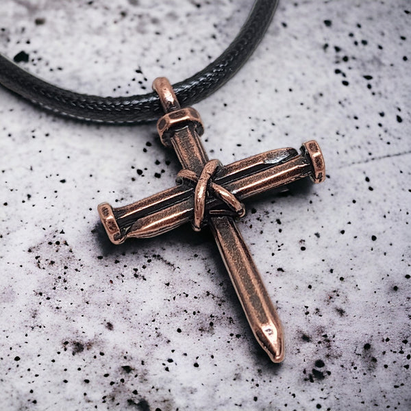 Antique Nail Cross Necklace In Copper