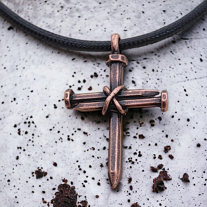 Antique Nail Cross Necklace In Copper