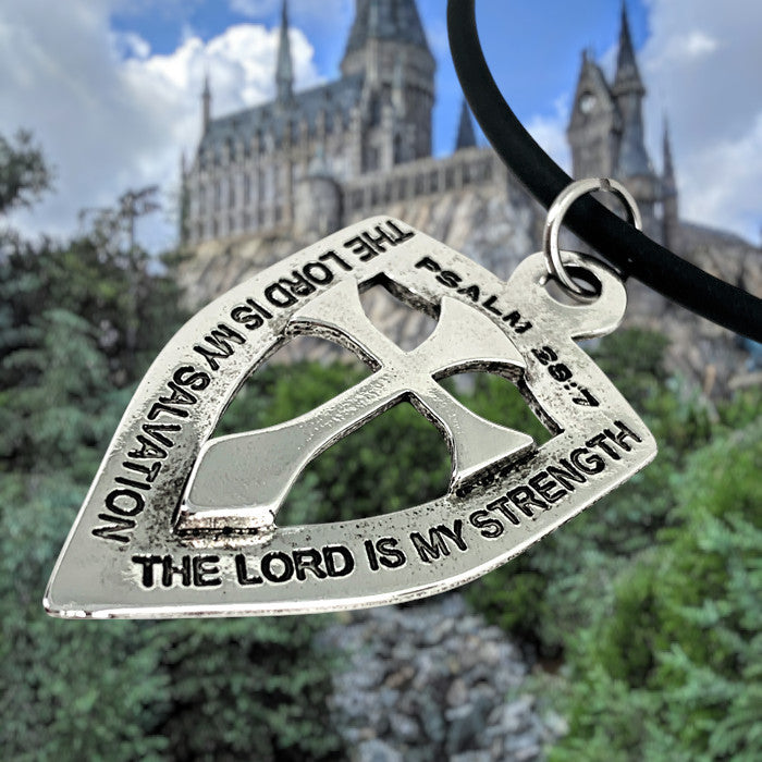 Shield with Cross Pendant Necklace Rhodium Metal Bling Finish