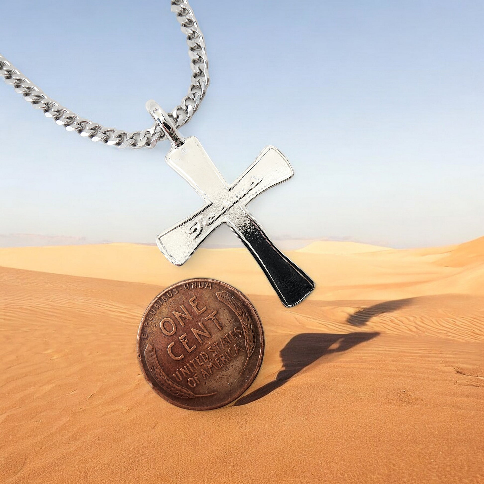 Cross Jesus Rhodium Silver Metal Finish Necklace Steel Chain Necklace