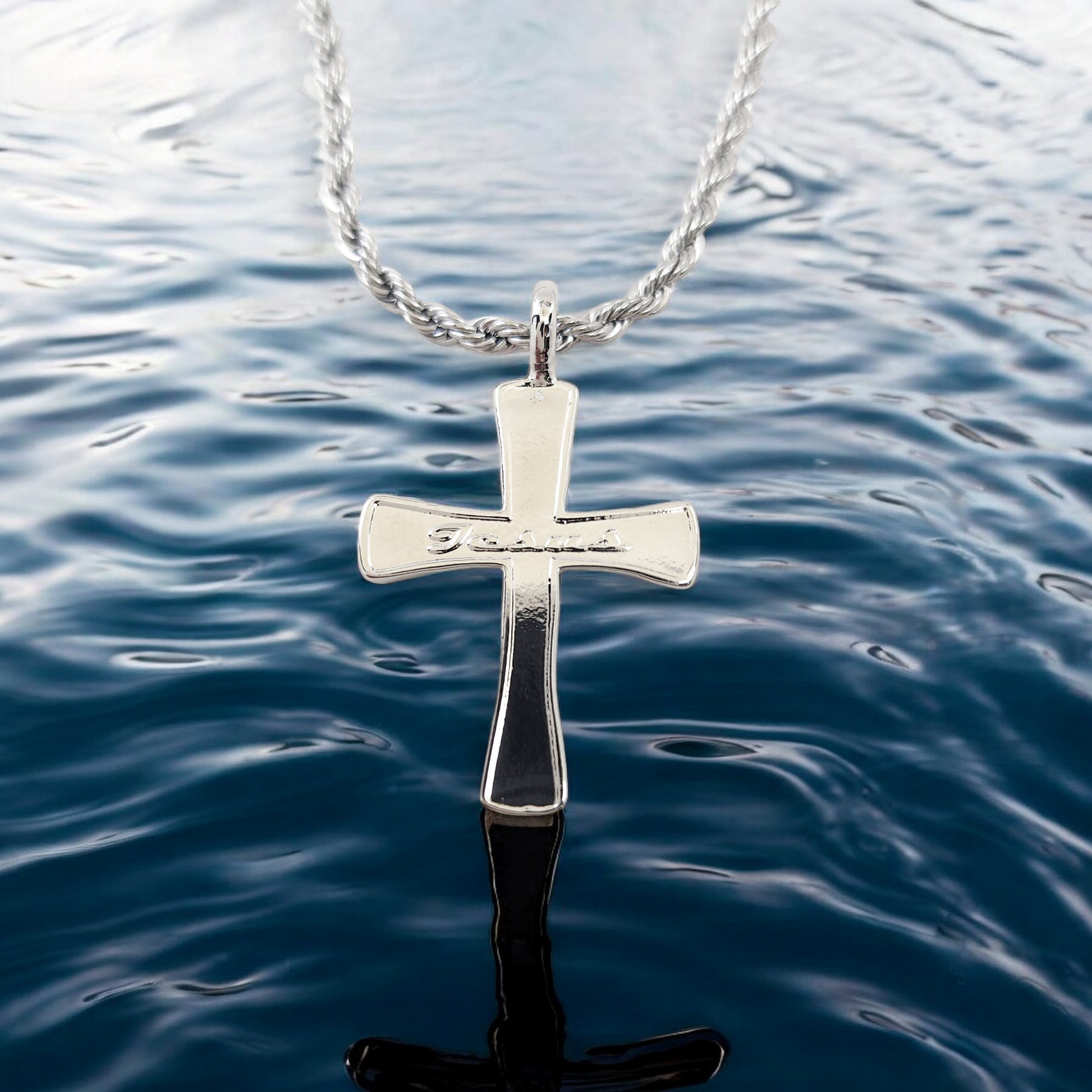 Cross Jesus Rhodium Silver Metal Finish Necklace Steel Rope Chain Necklace
