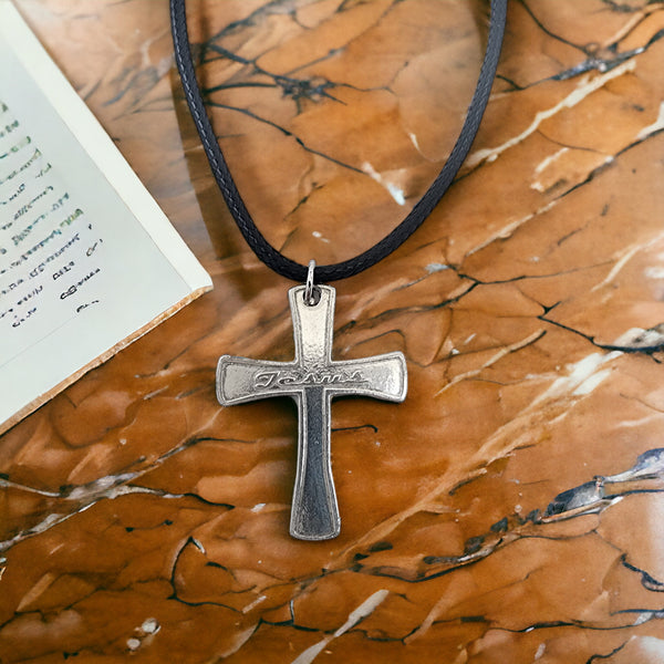 Jesus Cross Antique Silver Metal Finish Black Cord Necklace