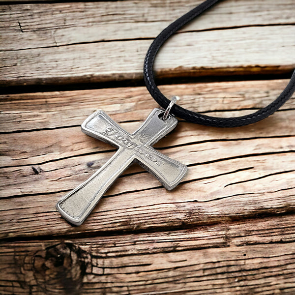 Forgiven Cross Antique Silver Metal Finish Black Cord Necklace