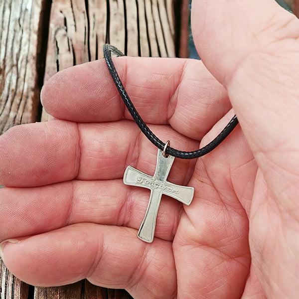 Forgiven Cross Antique Silver Metal Finish Black Cord Necklace