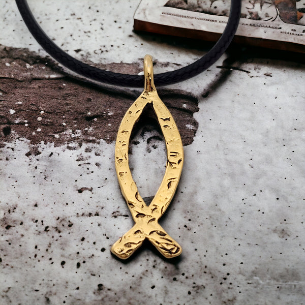 Ichthus Fish Hammered Gold Metal Finish Black Cord Necklace
