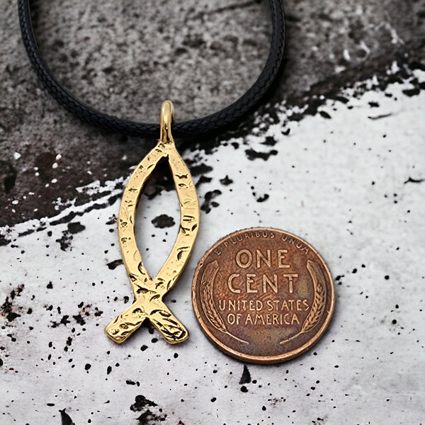 Ichthus Fish Hammered Gold Metal Finish Black Cord Necklace
