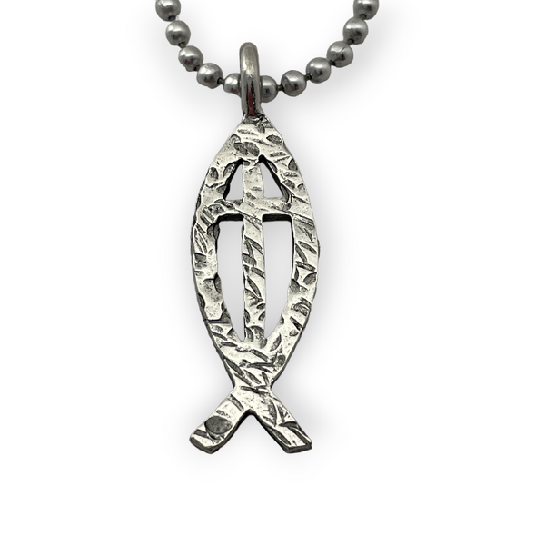 Cross Ichthus Hammered Fish Ball Chain Necklace