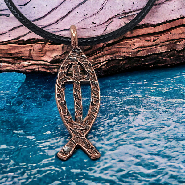 Ichthus Fish Cross Hammered Antique Copper Finish Black Cord Necklace