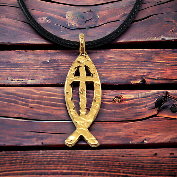 Ichthus Fish Cross Hammered Gold Metal Finish Black Cord Necklace