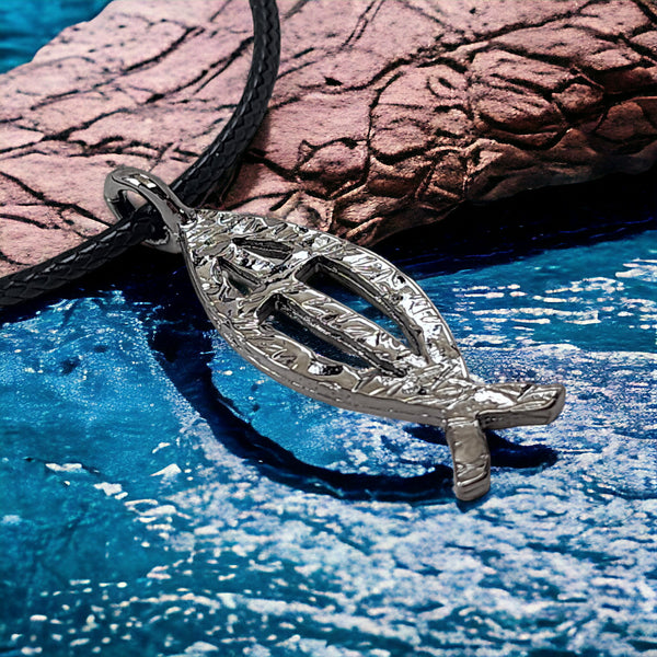 Ichthus Fish Cross Hammered Dark Metal Finish Black Cord Necklace