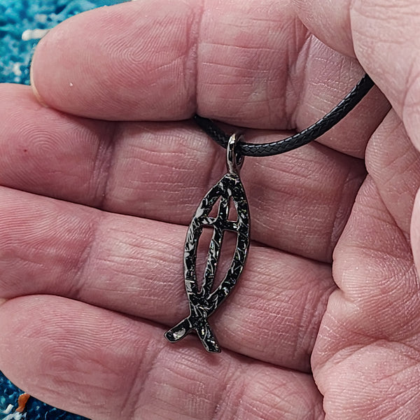 Ichthus Fish Cross Hammered Dark Metal Finish Black Cord Necklace
