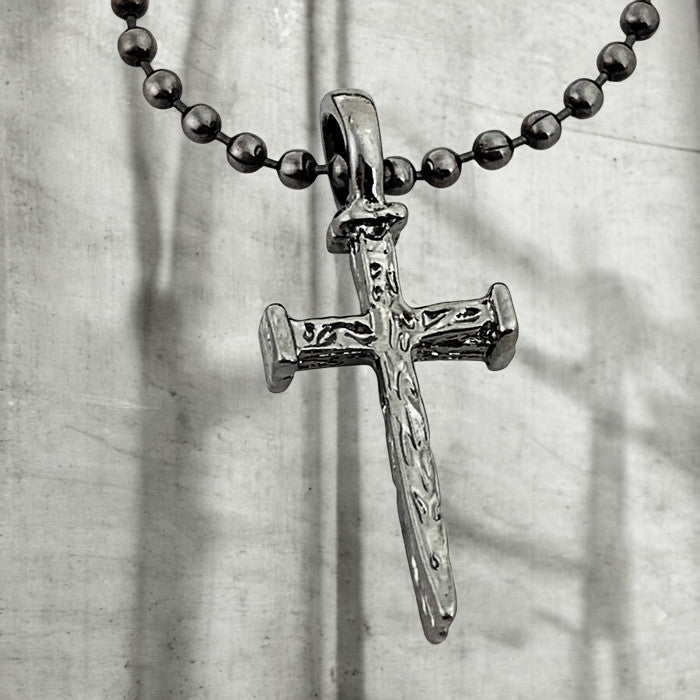 Nail Cross And Ball Chain With Gunmetal Finish Necklace