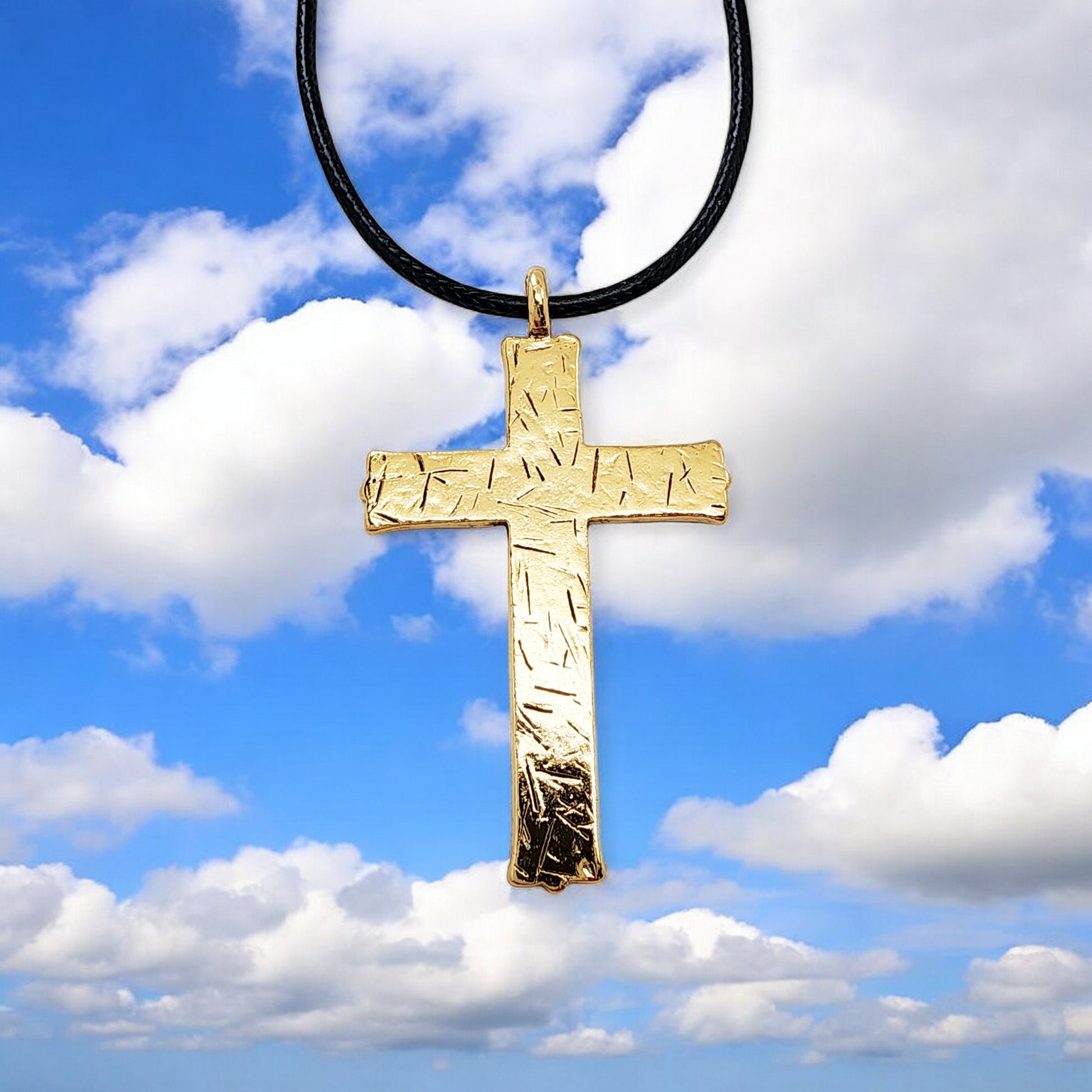 Hammered Cross Gold Metal Finish Black Cord Necklace