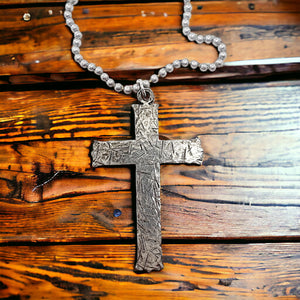 Hammered Cross Antique Silver Metal Finish Ball Chain Necklace