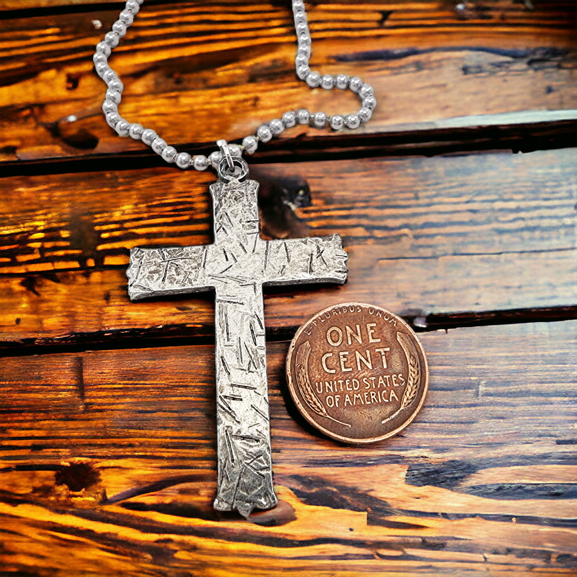 Hammered Cross Antique Silver Metal Finish Ball Chain Necklace