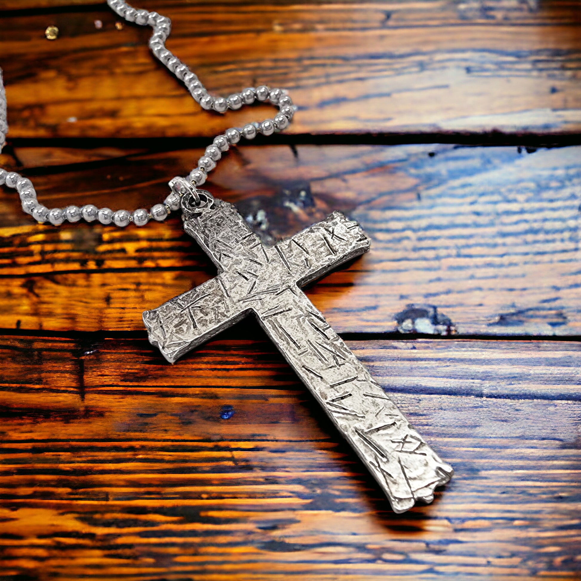 Hammered Cross Antique Silver Metal Finish Ball Chain Necklace