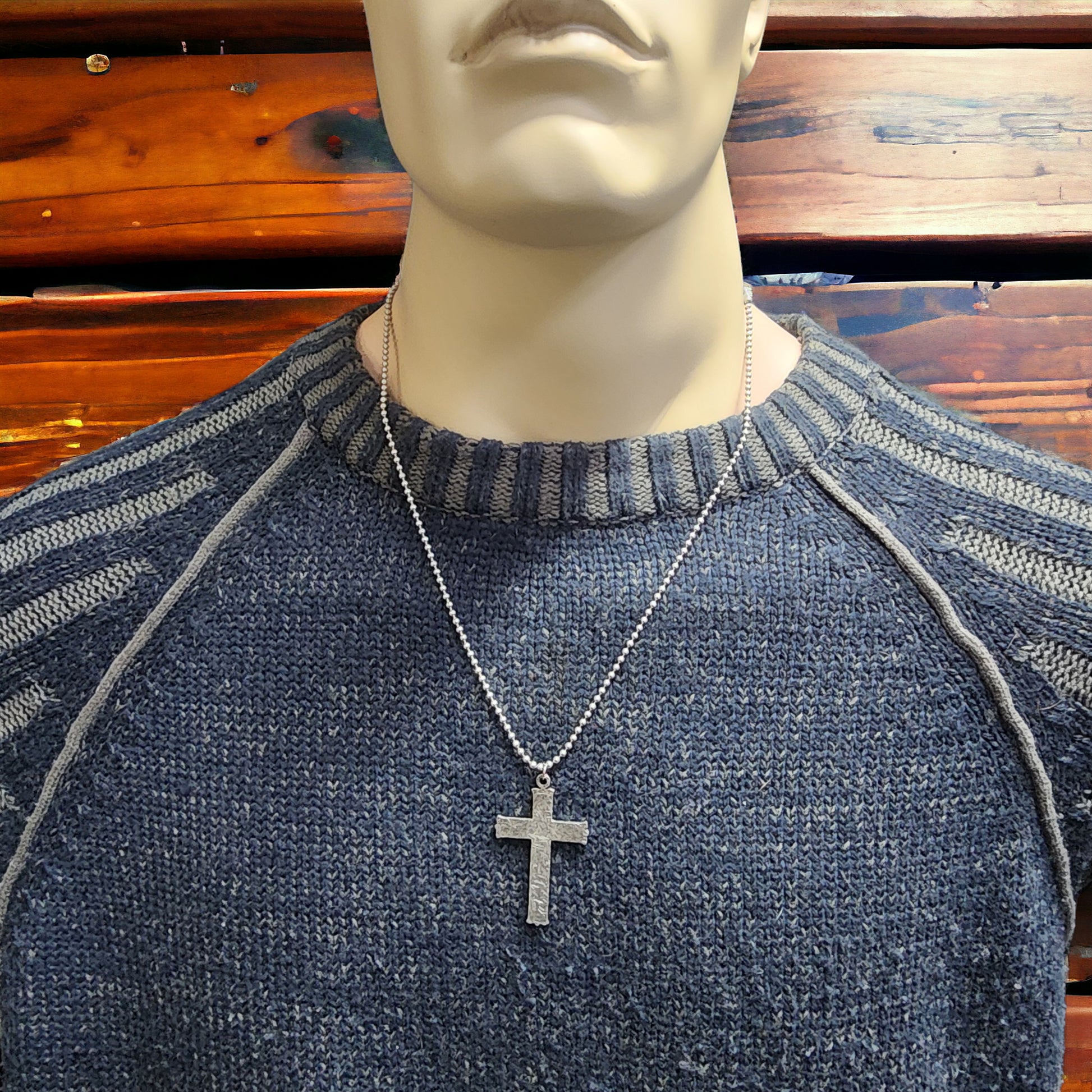 Hammered Cross Antique Silver Metal Finish Ball Chain Necklace