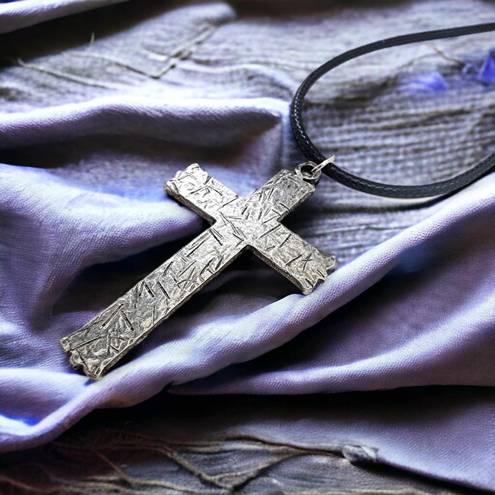 Hammered Cross Antique Silver Metal Finish Black Cord Necklace