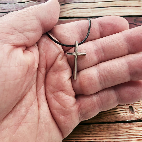 Cross Small Rhodium Silver Metal Finish Pendant Black Cord Necklace
