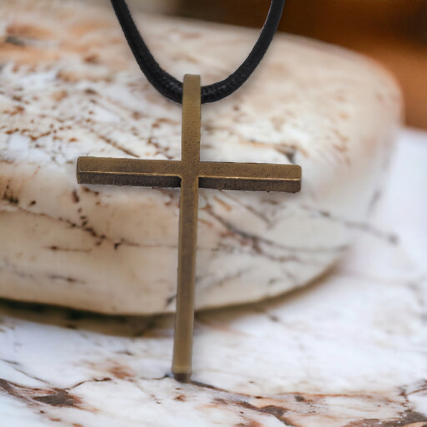 Cross Large Antique Brass Metal Finish Black Cord Necklace