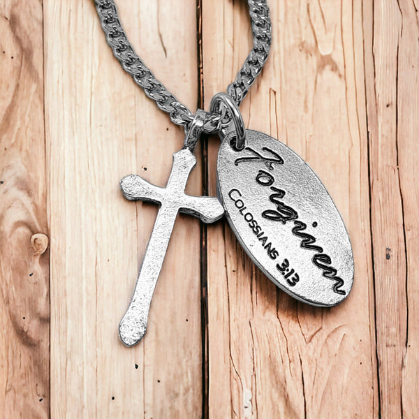 Cross Antique Silver Metal Finish Forgiven Tag Curb Chain Necklace