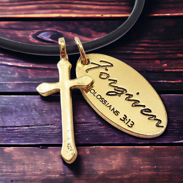 Cross Gold Metal Finish Forgiven Tag Black Cord Necklace