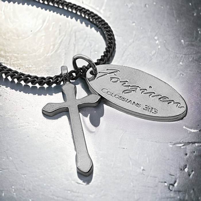 Cross Dark Metal Finish Forgiven Tag Dark Curb Chain Necklace