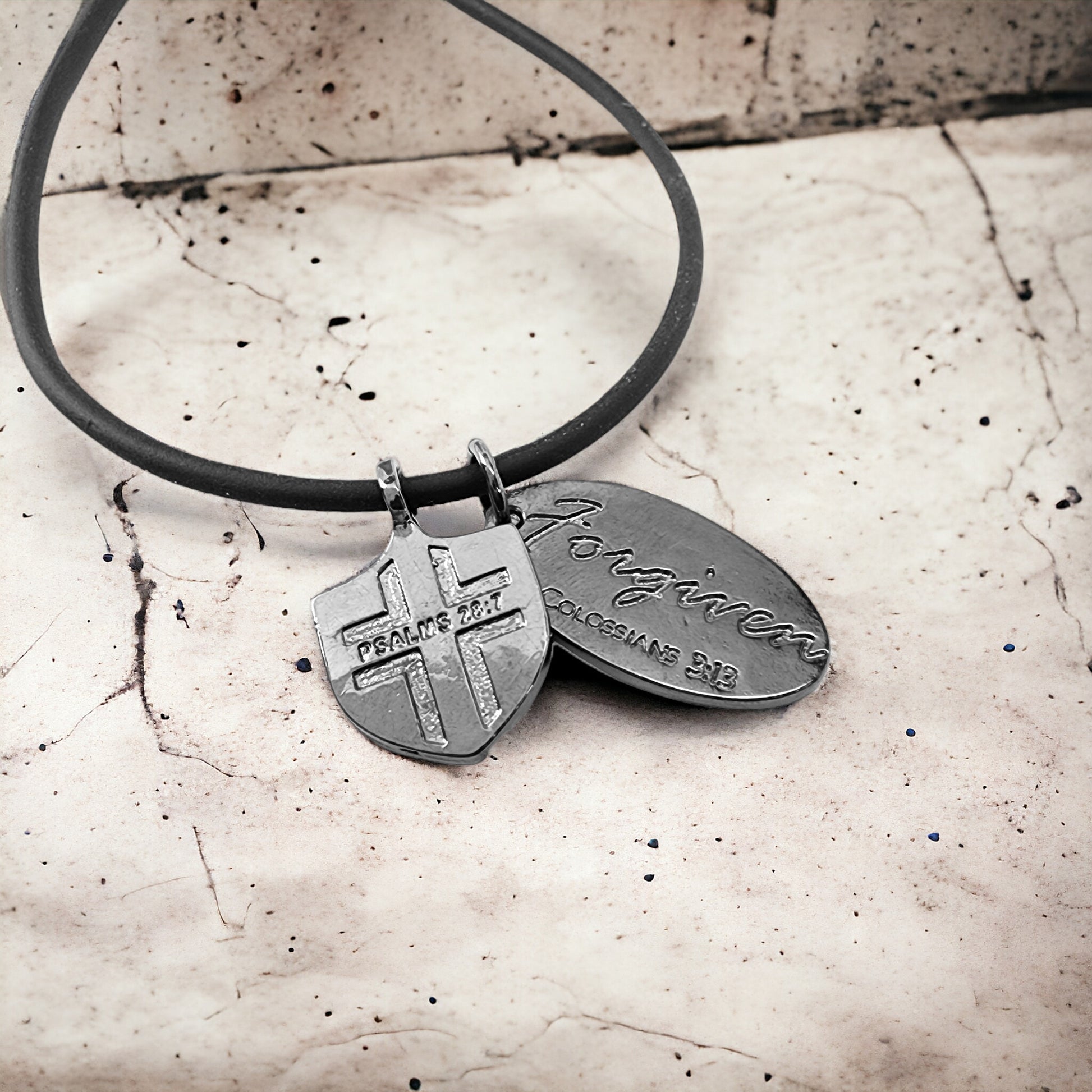 Cross Dark Metal Finish Forgiven Tag Black Cord Necklace