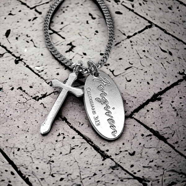 Cross Rhodium Metal Finish Forgiven Tag Curb Chain Necklace