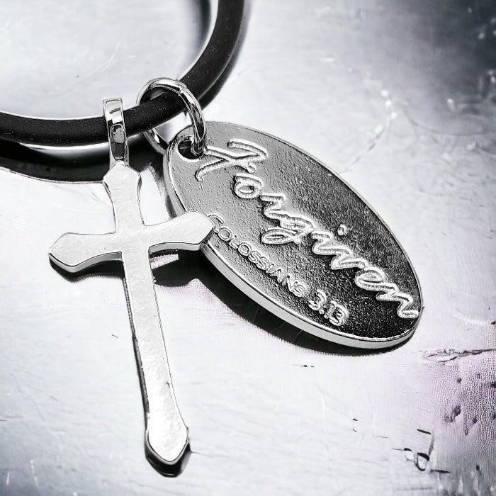 Cross Rhodium Metal Finish Forgiven Tag Black Cord Necklace