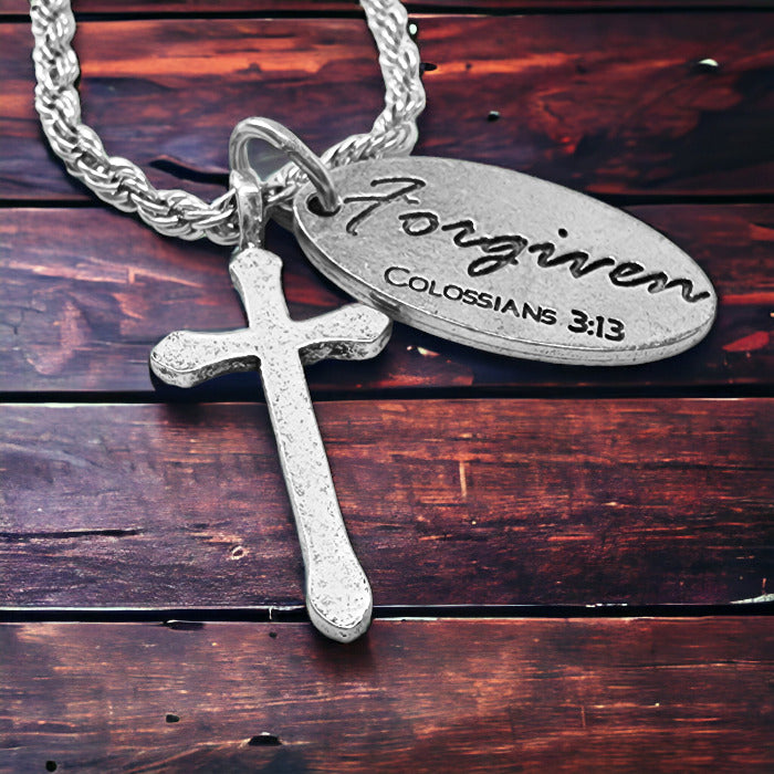 Cross Antique Silver Metal Finish Forgiven Tag Twisted Rope Chain Necklace
