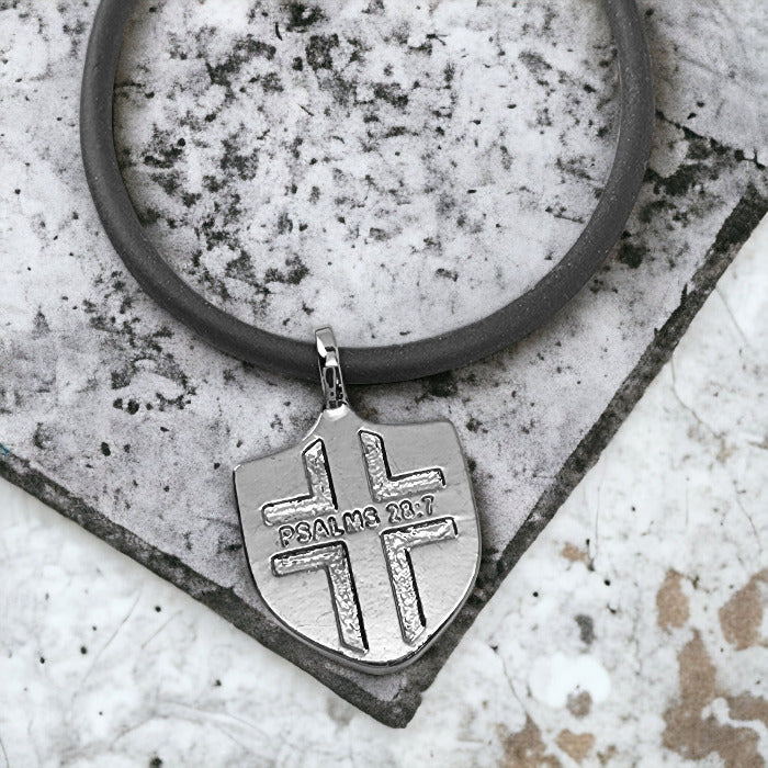 Psalms 28:7 Shield Dark Metal Pendant Black Cord Necklace