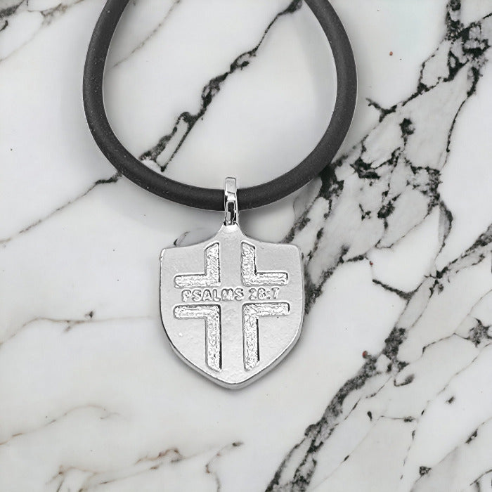 Psalms 28:7 Shield Rhodium Metal Pendant Black Cord Necklace