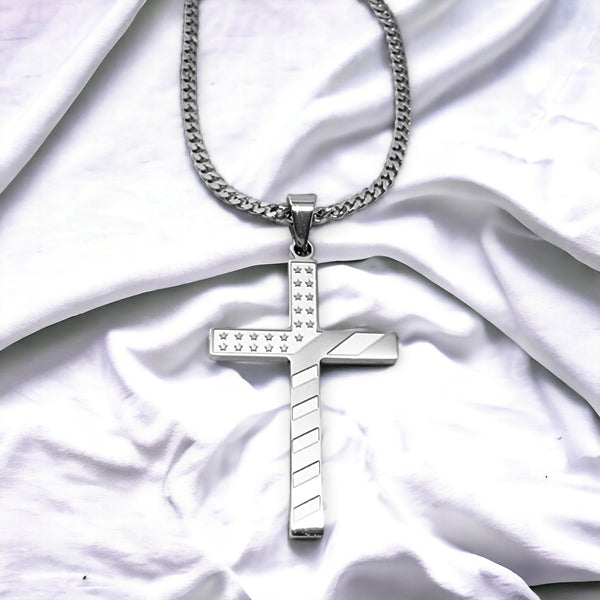 American Flag Cross Stainless Steel Curb Chain Necklace