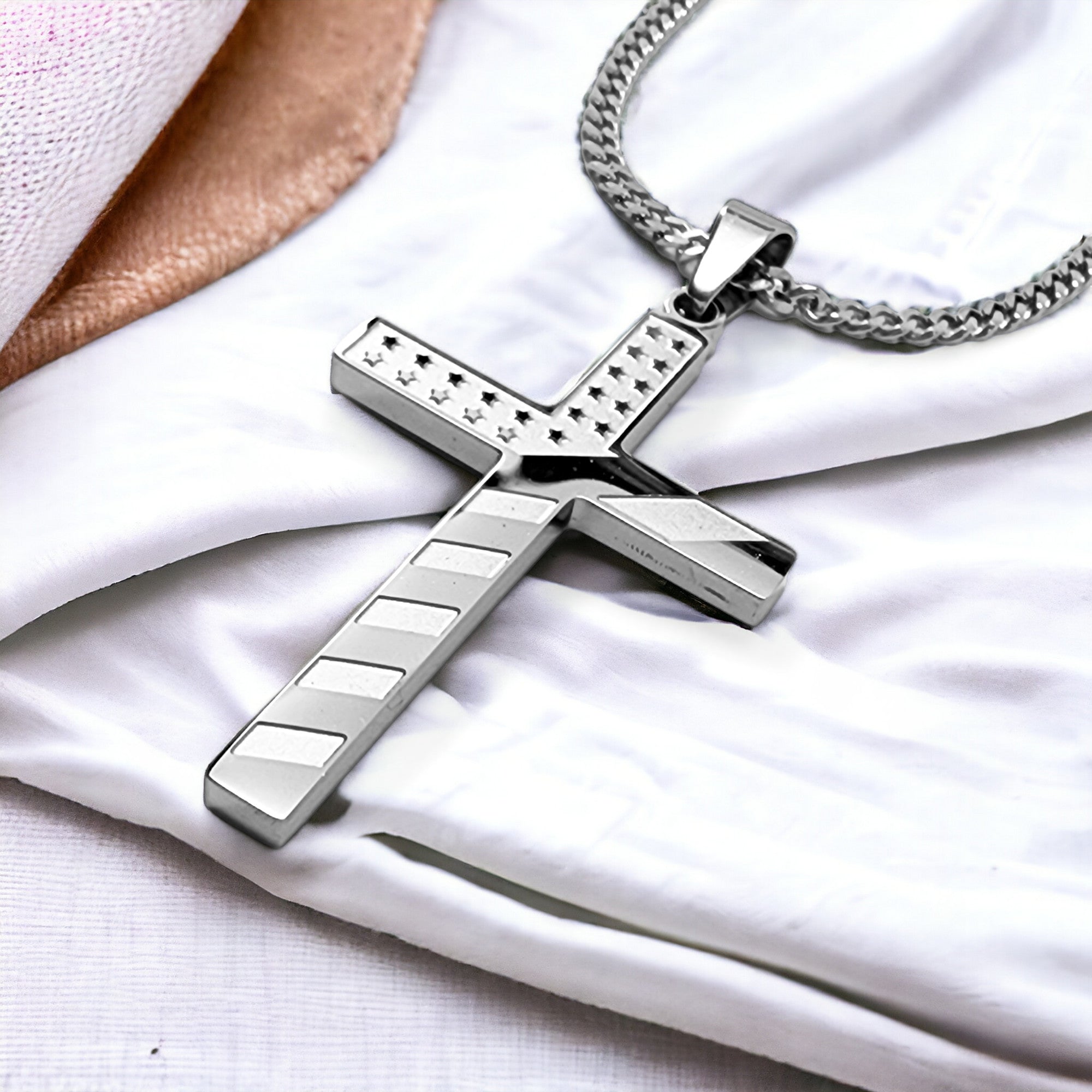 thumbnail image 2 of Men's Stainless Steel American Flag Cross Pendant Necklace With Wheat Chain 2 of 6