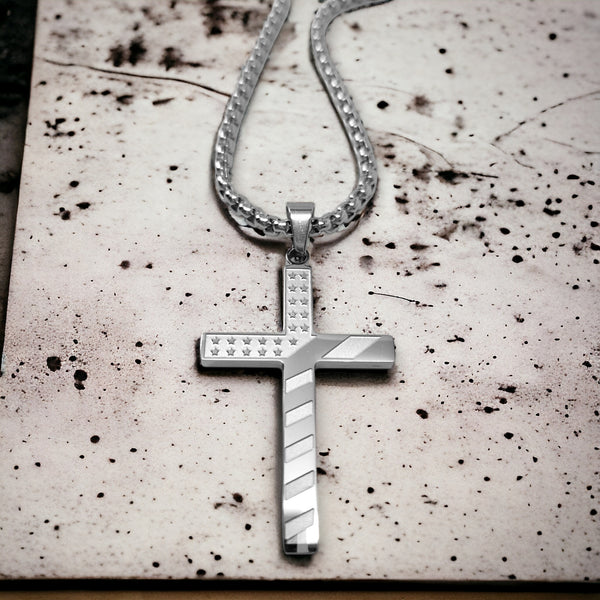 American Flag Cross Stainless Steel Heavy Box Chain Necklace