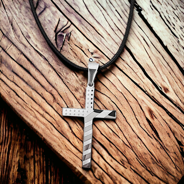 American Flag Cross Stainless Steel Black Cord Necklace