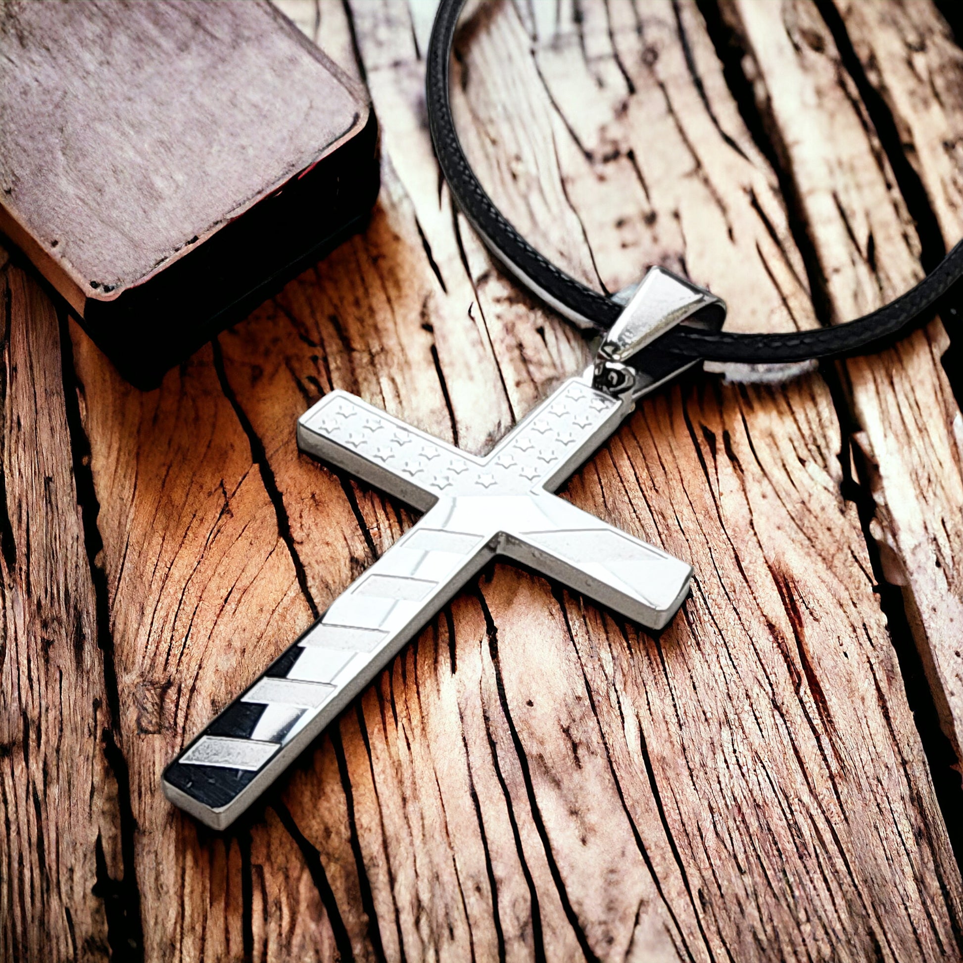 USA Flag Cross Stainless Steel Black Cord Necklace