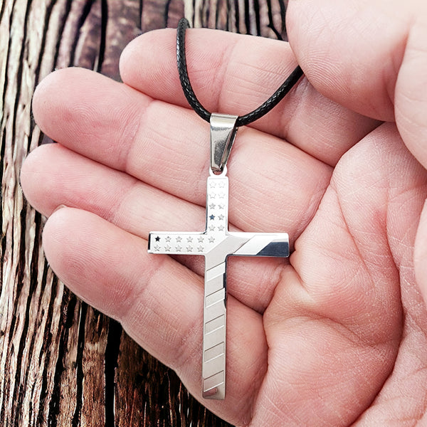 American Flag Cross Stainless Steel Black Cord Necklace