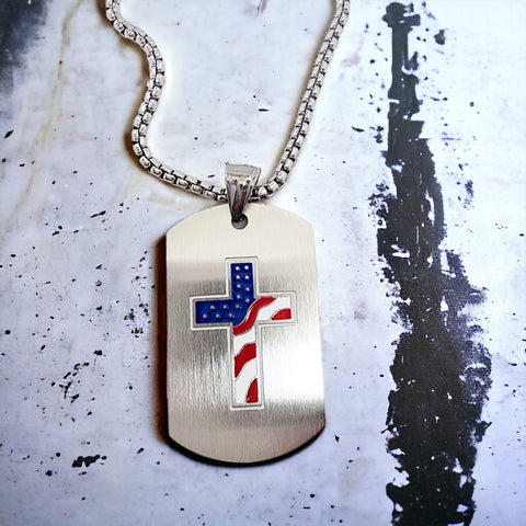 American Flag Cross Tag Stainless Steel Heavy Chain Necklace