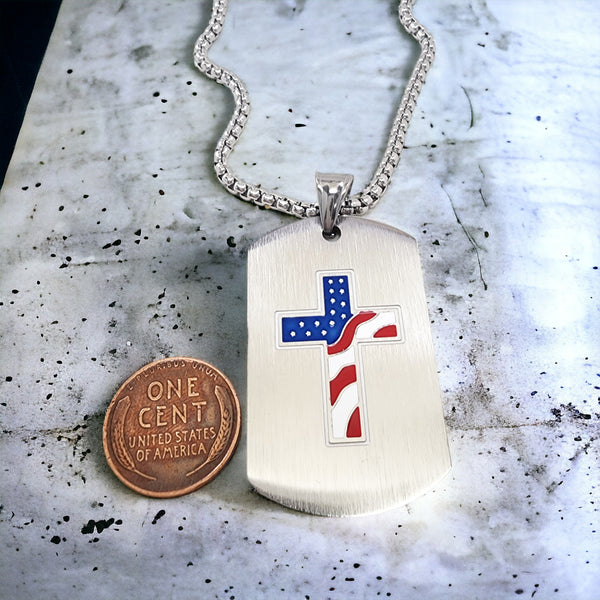 American Flag Cross Tag Stainless Steel Heavy Chain Necklace
