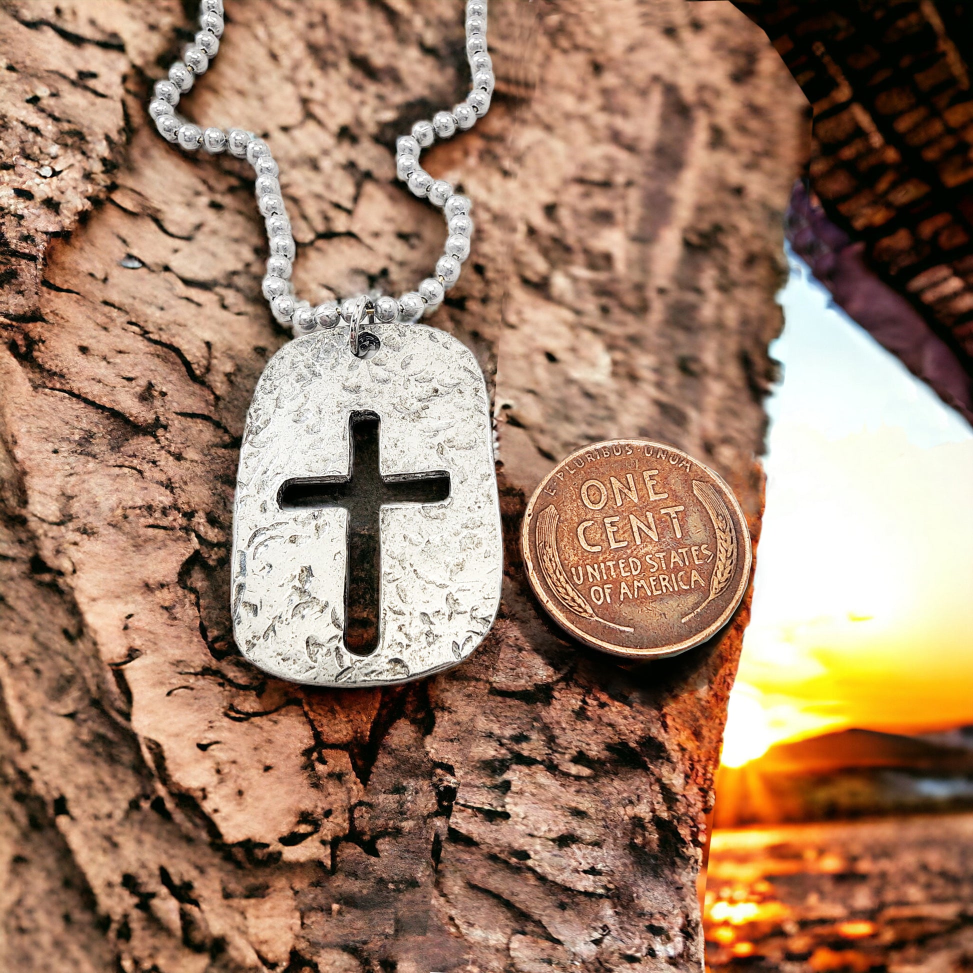 Cross Tag Hammered Antique Silver Metal Finish Ball Chain Necklace
