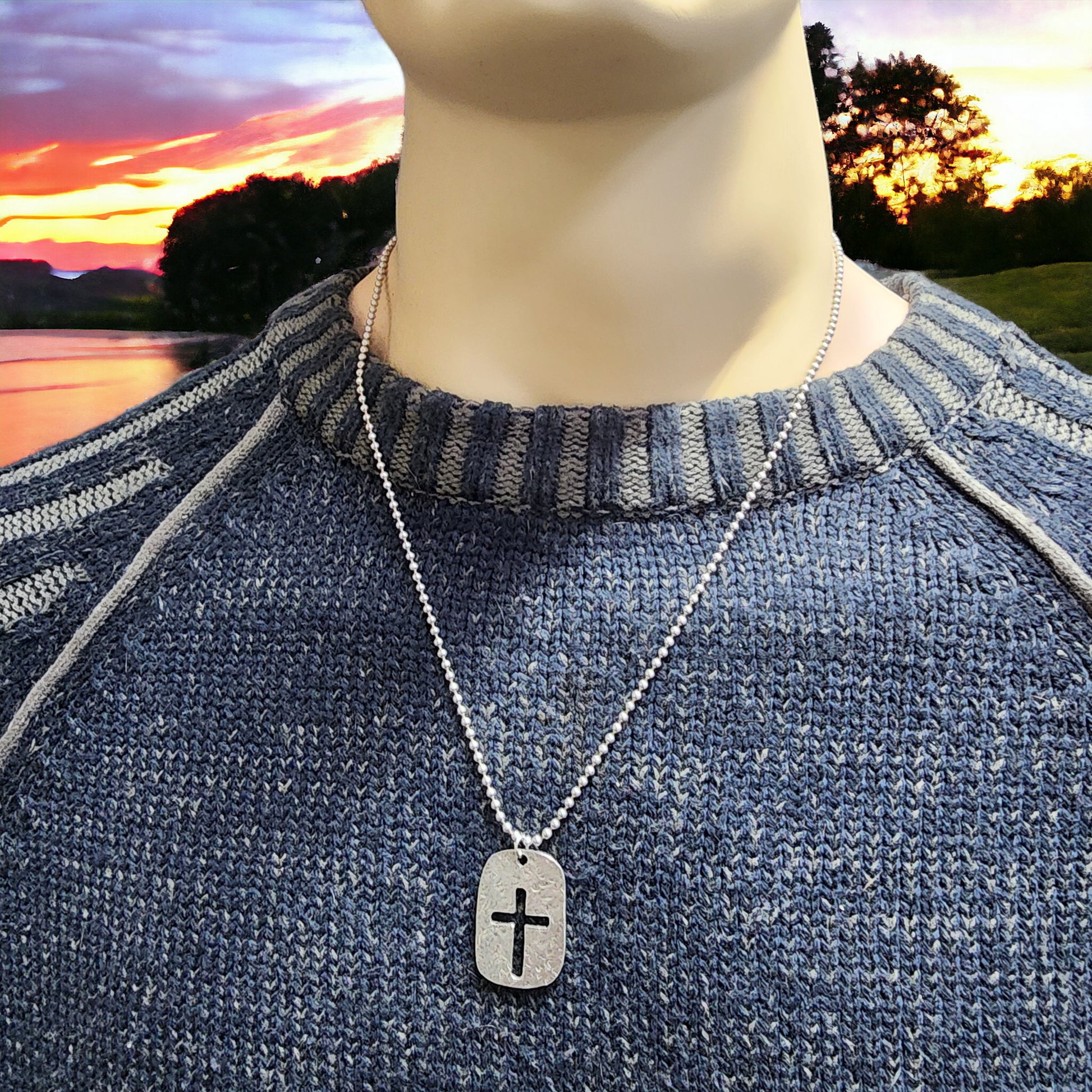 Cross Tag Hammered Antique Silver Metal Finish Ball Chain Necklace