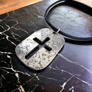 Cross Tag Hammered Antique Silver Metal Finish Black Cord Necklace