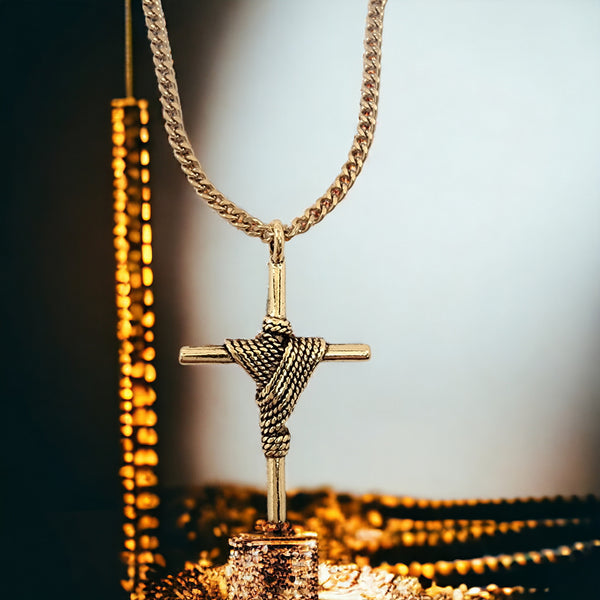Rope Wrapped Cross Gold Metal Finish Gold Chain Necklace