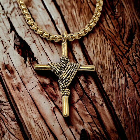 Rope Wrapped Cross Gold Metal Finish Gold Heavy Chain Necklace