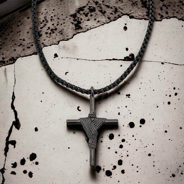 Rope Wrapped Cross Dark Metal Finish Black Heavy Chain Necklace