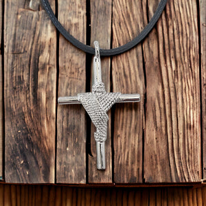 Rope Wrapped Cross Rhodium Metal Finish Black Cord Necklace
