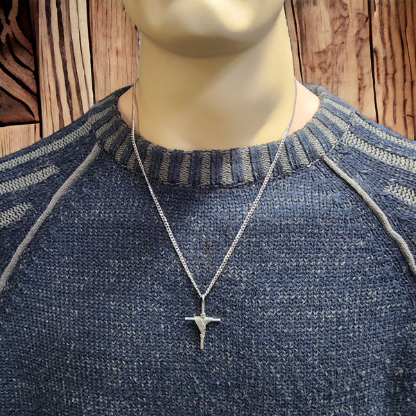 Rope Wrapped Cross Rhodium Metal Finish Chain Necklace